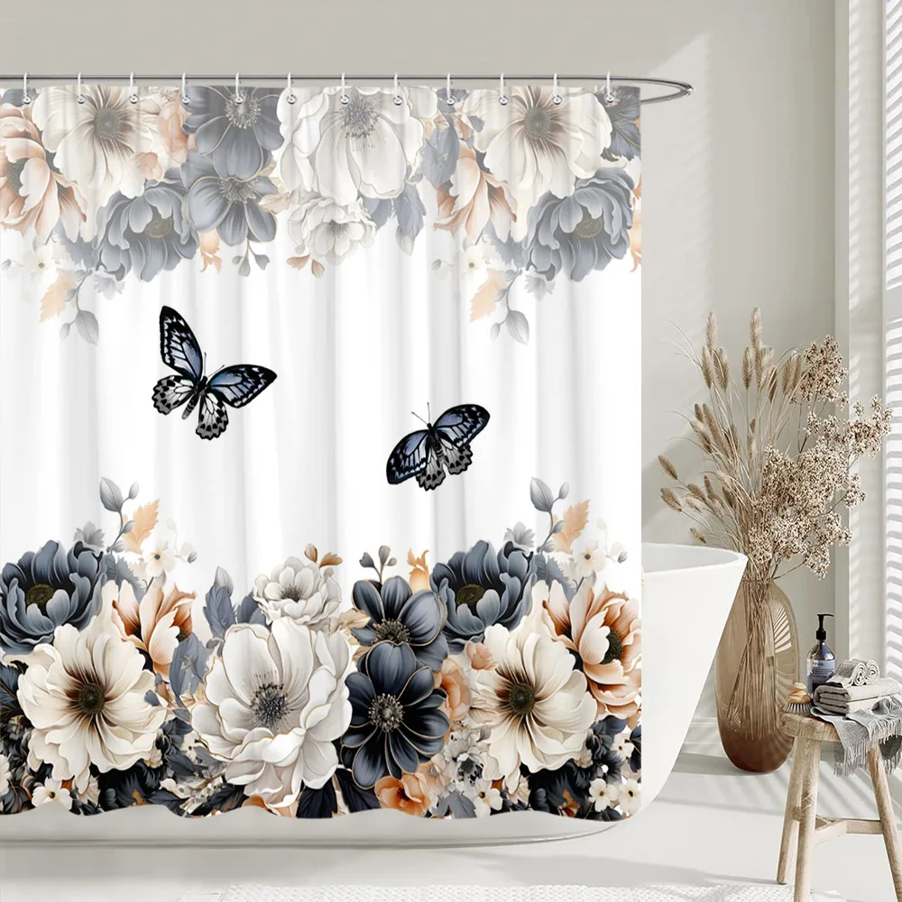 خمر الأزهار فراشة دش الستار ريفي زهرة ليف النباتية دش الستار للحمام ديكور البوليستر ستائر الحمام