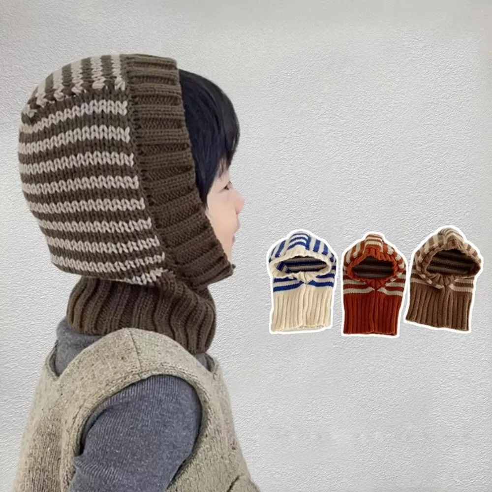 

Striped Design Winter Kids Scarf Knit Material Hooded Style Knit Ear Protection Hats Balaclava Shape Ear Protection