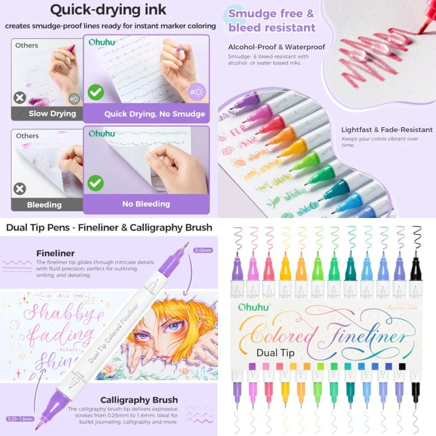 Ohuhu-pincel Fineliner de doble punta, bolígrafos de dibujo de colores, 12 colores, resistente al agua, a prueba de Alcohol, microbolígrafos para adultos, artistas, Beg