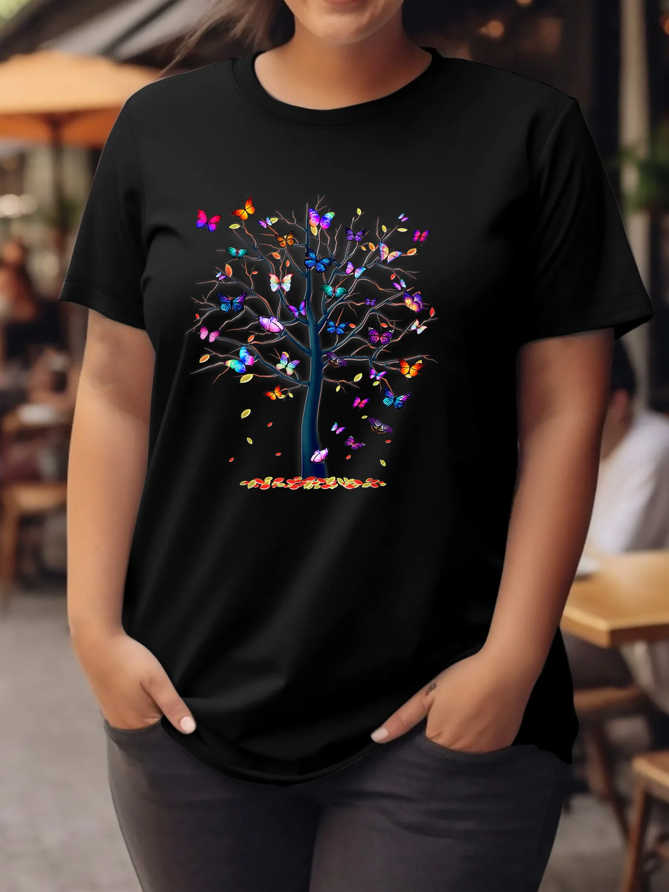 Plus size fashion casual Colorful Butterfly Tree T-shirt Women Clothing Graphic T Shirt Vintage Unisex Casual Female Tops Tees