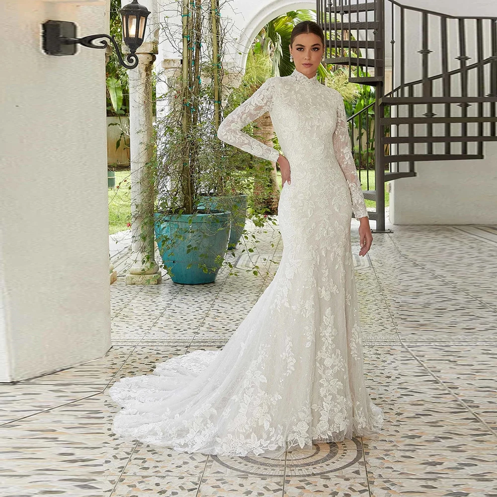 

Celebrity mermaid Women Wedding Dresses Elegant Lace Flower Printing Bridal Gowns Princess Banquet Vestidos De Novias Customized