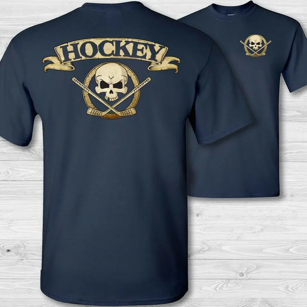 Double Side Double Side Ice Hockey Crossbones T-Shirt - Ice Hockey Sticks Puck Skull Badge Tee Shirt