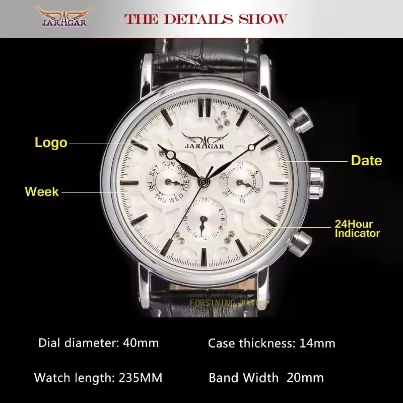 JARAGAR 348 ساعة ميكانيكية أوتوماتيكية للرجال أنيقة وعصرية بحزام جلدي متقدم للأعمال الفاخرة ساعة رجالية #6