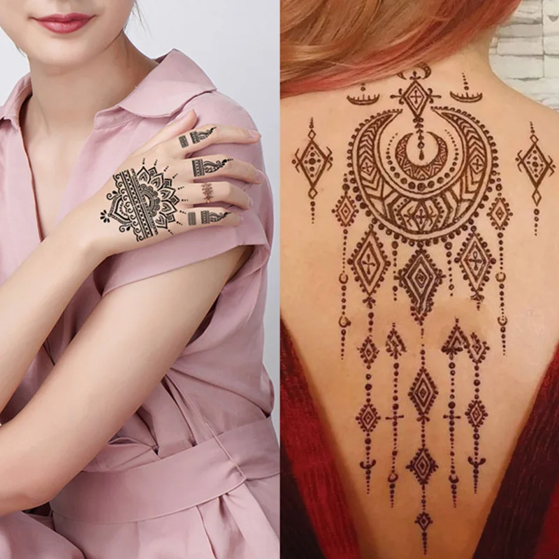 16 Sheets Henna Tattoo Sticker For Hands Tattoo Temporary Waterproof Templates Tattoo Stencil For Wedding Makeup Party Supplies