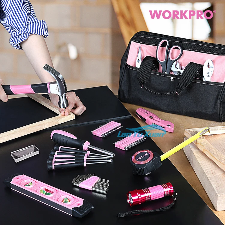 WORKPRO 106PC Home Repairing Tool Kit with Wide Mouth Open Storage Bag Household Pink  Set for Lady