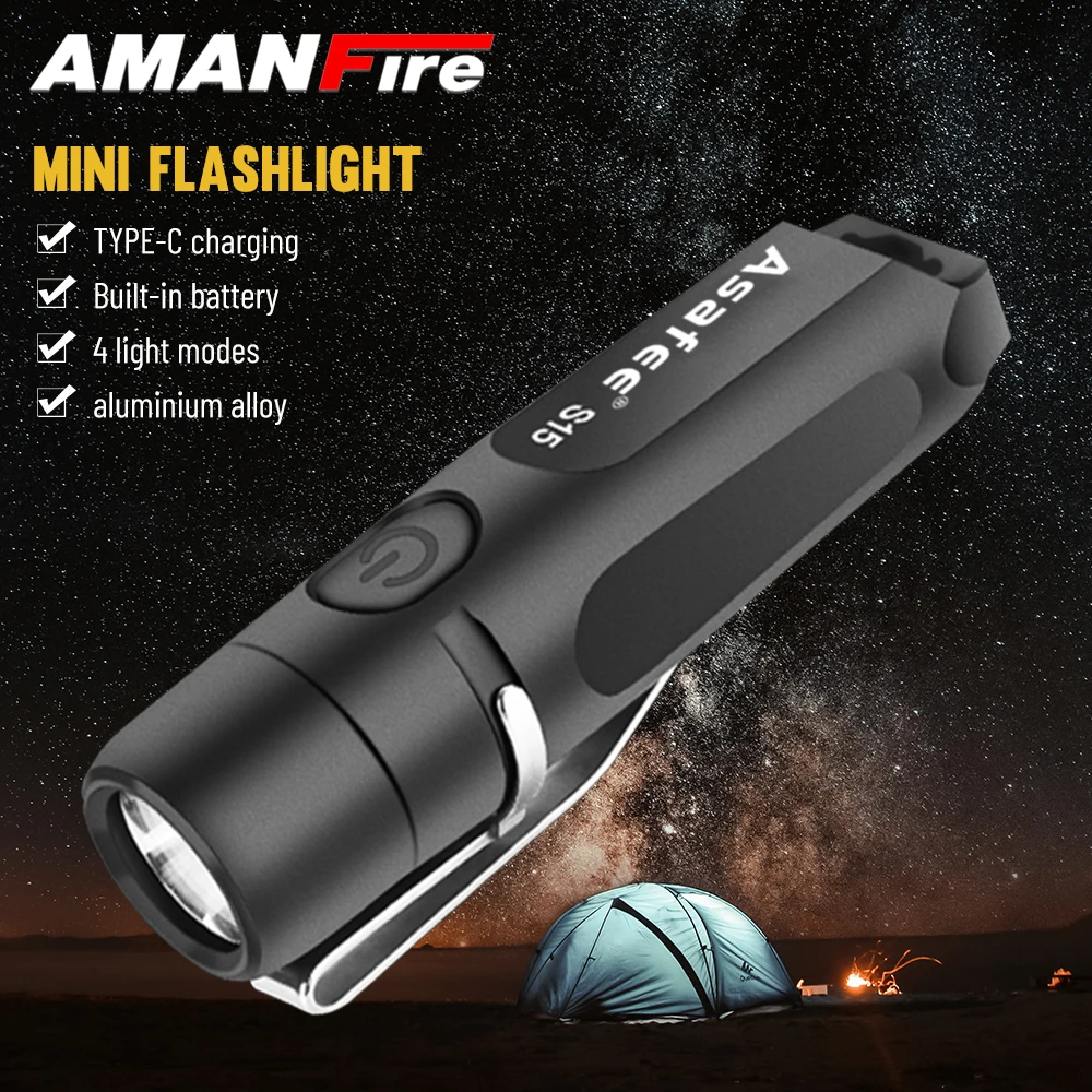 Asafee S15 Mini LED Flashlight EDC Keychain Light Ultra Bright Built-in battery Type-C Charging Portable Aluminum alloy Torch