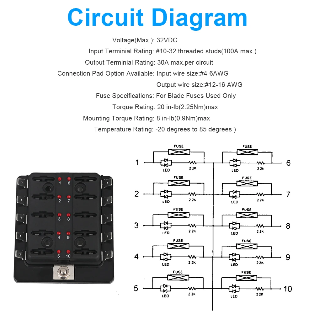 10 Way Blade Fuse Car Fuse Box Holder Block & Warning Indicator Light Kit for Car Boat Marine 12V Power Distribution Panel Board