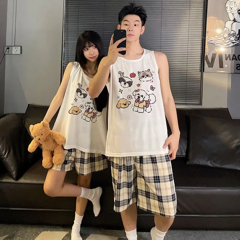 Pijamas para parejas Crayon Shin Chan, nuevo estilo de algodón de verano, camiseta sin mangas, pantalones cortos, pijamas, ropa de casa de dibujos animados, conjunto para hombre y mujer