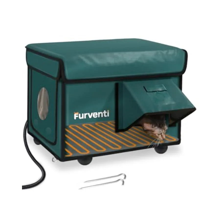 

Outdoor heated cat house for winter: insulated weatherproof feral shelter waterproof eaves escape door gray polyester fabric ex
