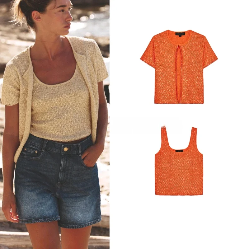 Conjunto de Moda Outono 2025 com Casaco de Ombro Largo em Malha com Miçangas, Manga Curta, Gola Redonda, Casaco, Jaqueta, Top...