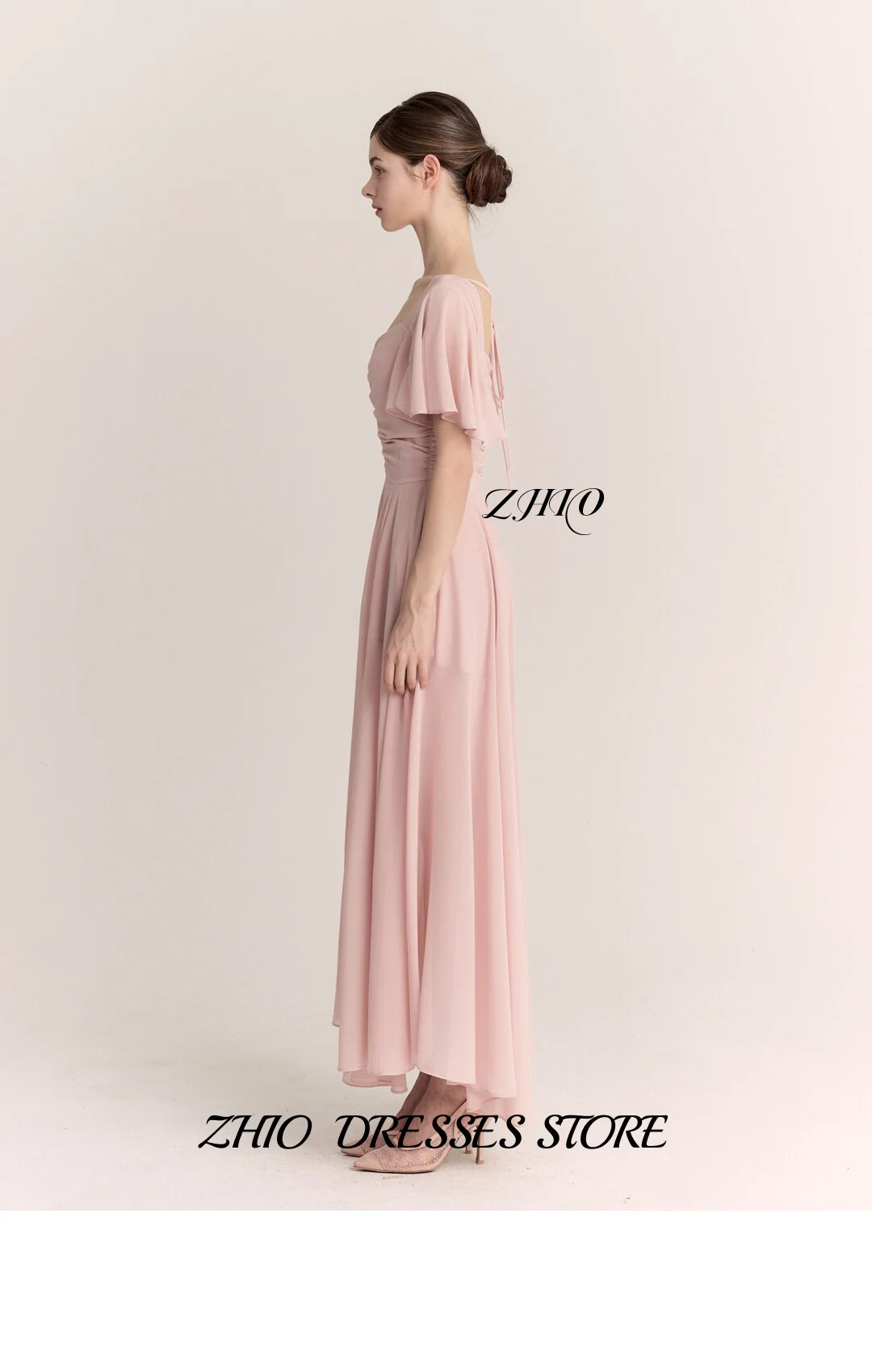ZHIO Vestido de noche de gasa rosa, cuello cuadrado, mangas con volantes, corpiño fruncido, vestido largo de línea A para ocasiones formales personalizado