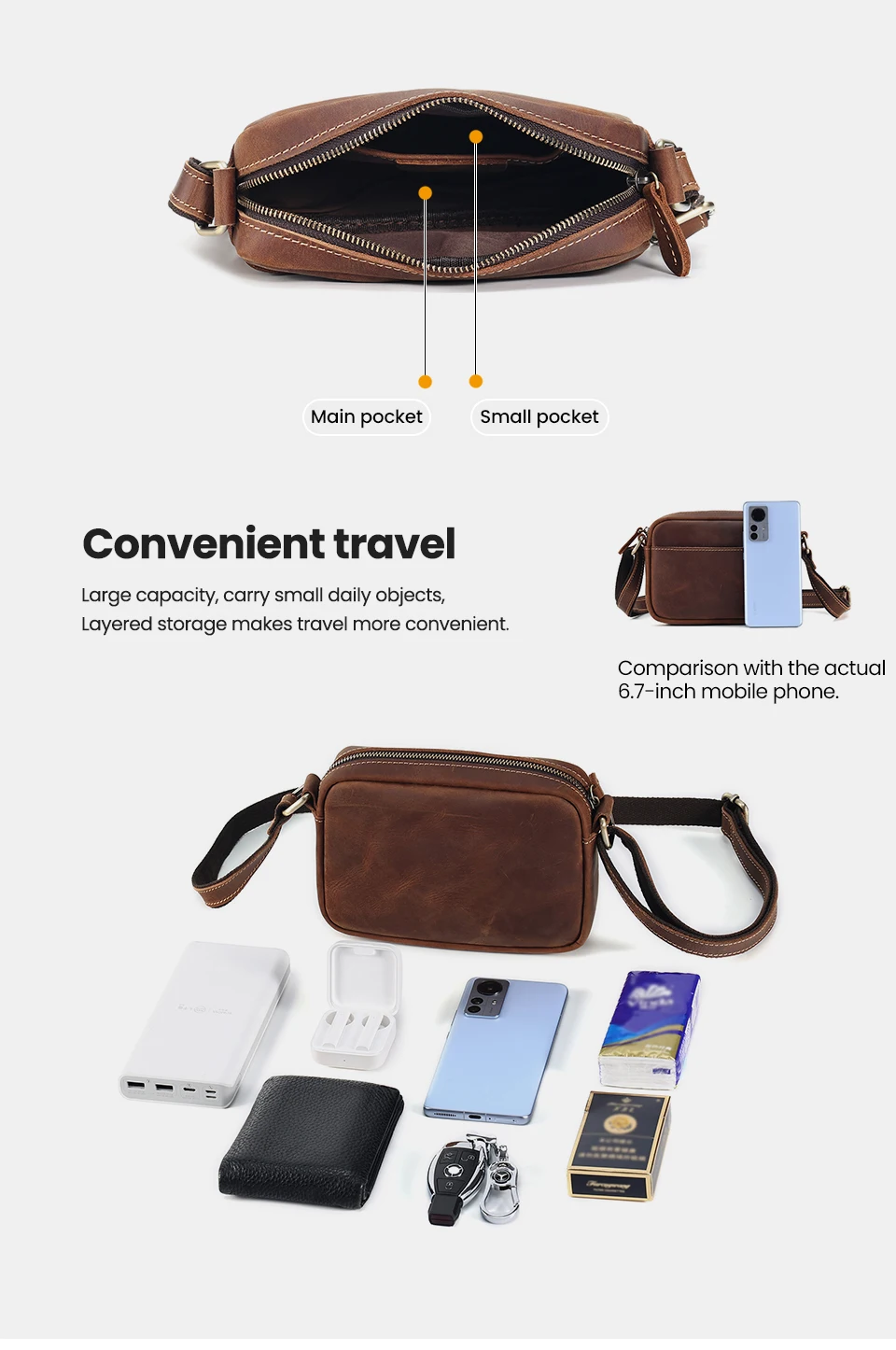 JOYIR Mini-Umhängetasche aus echtem Leder, Reise-Umhängetasche für Damen und Herren, Handy-Geldbörse, Reisetasche, Umhängetaschen – Detail 8