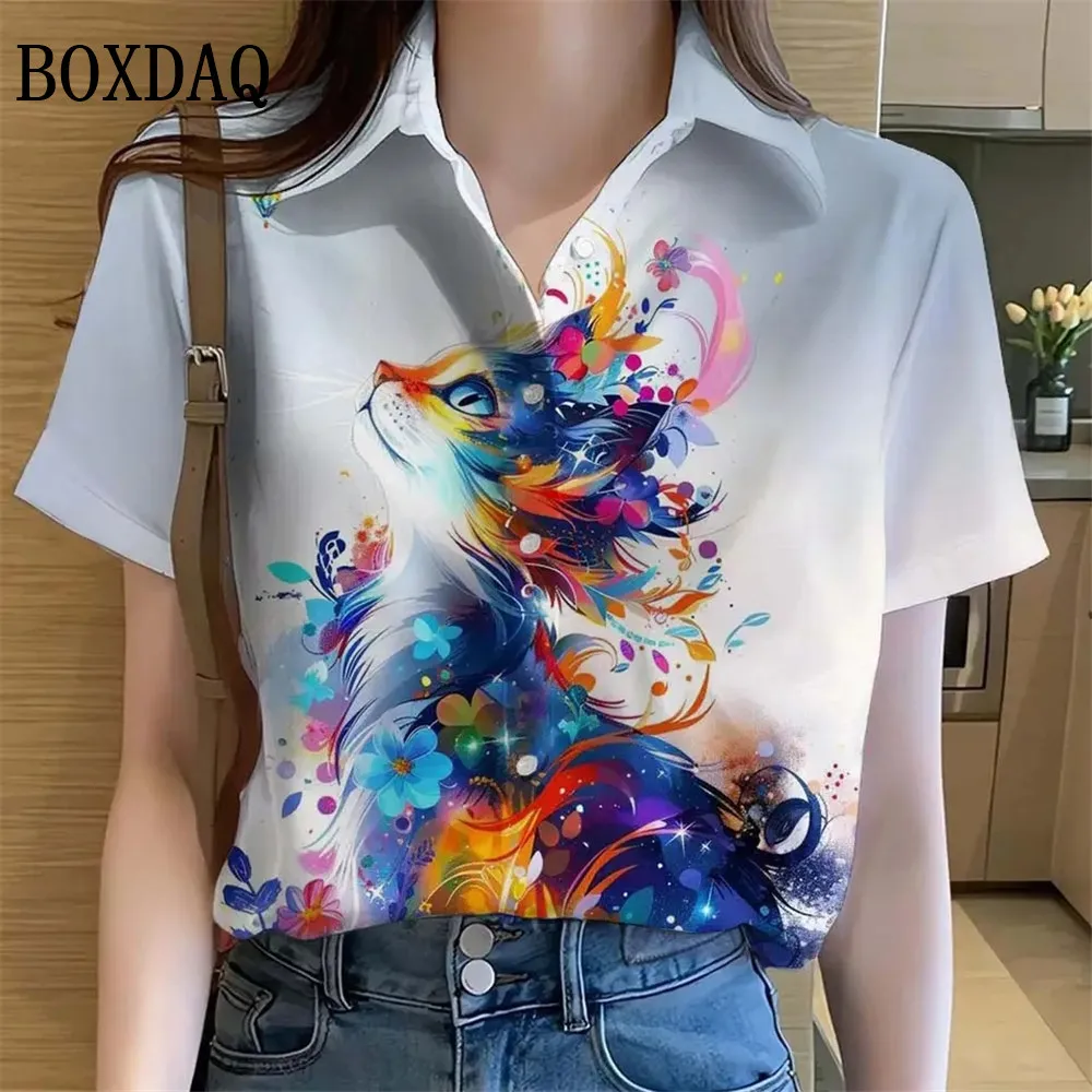 

Womens Shirts Short Sleeve Button Artistic Cute Cat Printed Tops Casual Hawaiian Beach Shirt Summer New Blouse Women's Clothes