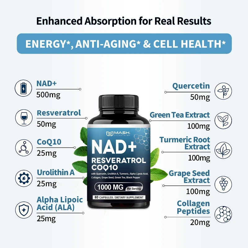 

NAD Supplement, 1000 мг - Липосмеальная NAD+ Supplement с ресвератролом, выносливостью и здоровым старением - Силовые капсулы