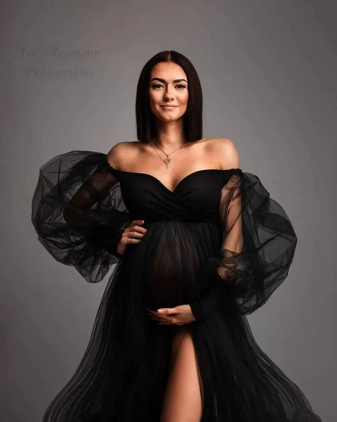 Black Pregnancy Dresses Lush Off Shoulder Sexy Sheer Maternity Gowns with Sleeves Photography Soft Tulle Maternity Dress Split