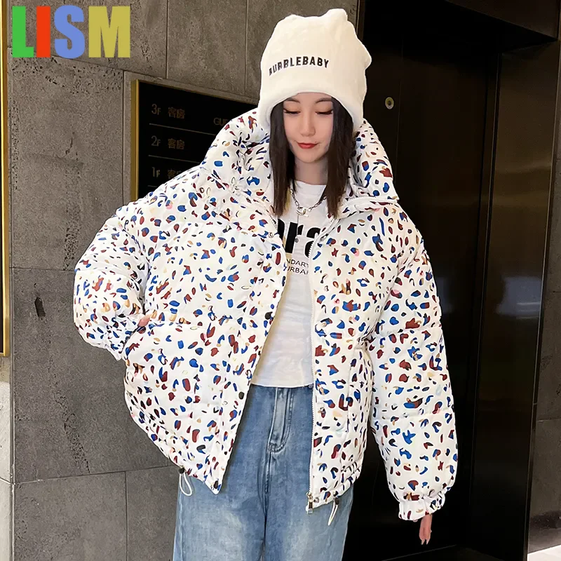 

LISM 2025 New Winter All-match Fashion Bread Jackets Down Cotton Coat Womens Jacket Short Loose Padded Coats Printing Hooded