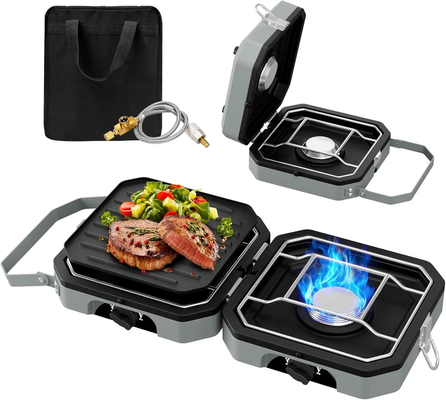 

Портативная пропановая походная печь с двумя конфорками, регулируемым нагревом, складной дизайн и сумка для переноски (серый)