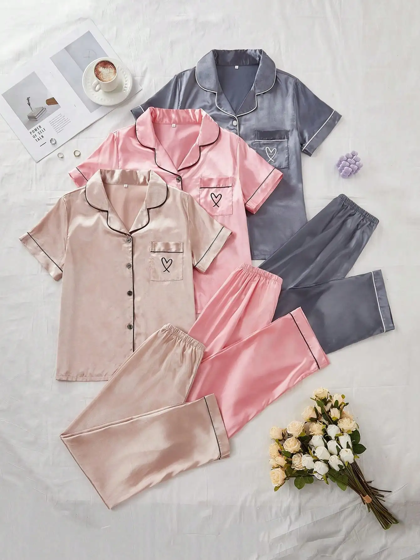 

6-Piece Satin Pajama Set with Contrast Trim, Heart Embroidery & Lapel Collar
