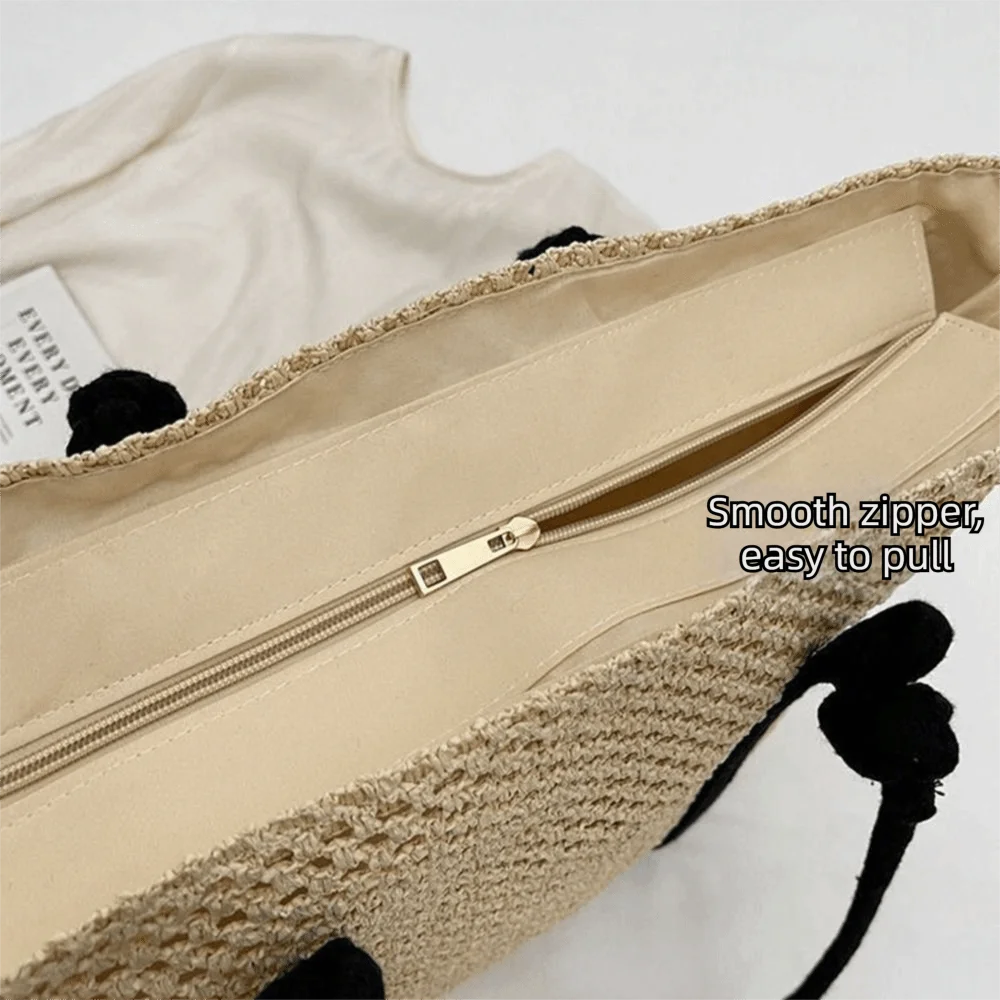 Handmade Straw Woven Bags Solid Color Large Capacity Shopping Tote Bag Portable Zipper Closure Beach Handbags Outing
