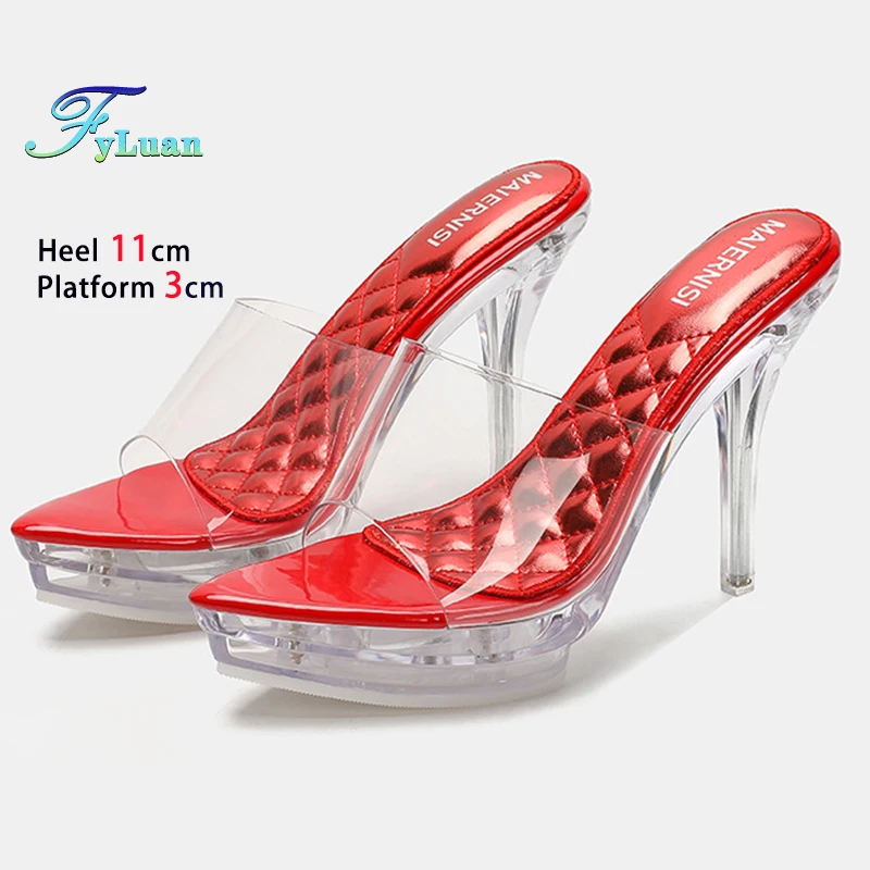 جديد الأحمر عالية الكعب 11 سنتيمتر منصة 3 سنتيمتر النعال النسائية واضح رقيقة الكعوب أشار تو السيدات مضخات اللون برشام خنجر أحذية الحفلات