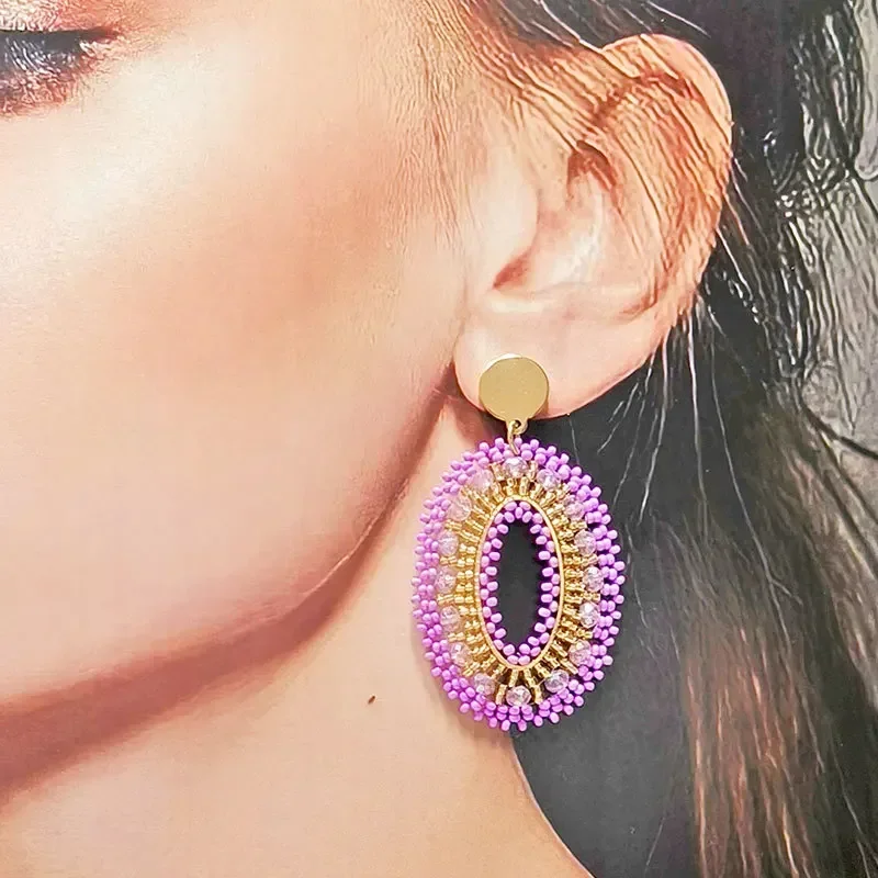 Ellipsoid التدرج الأرز أقراط من الخرز الجوف خارج الهندسة كريستال اليد الحياكة بوهيميا موضة مجوهرات مطرزة للنساء #1