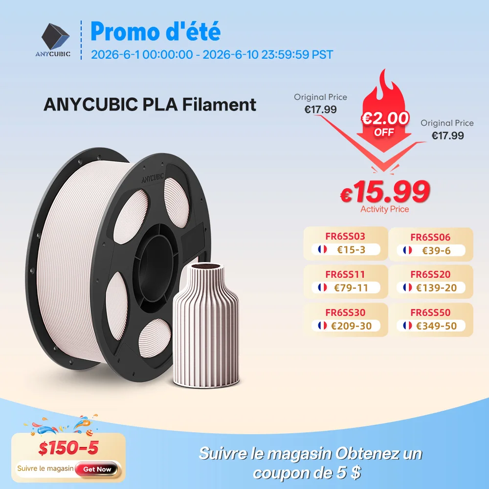 ANYCUBIC Filament d'imprimante 3D 1.75mm Filament PLA 1 KG/rouleau 9 couleurs bobine soignée sans bulle pas de bouchage pour imprimante 3d Mega-S Chiron
