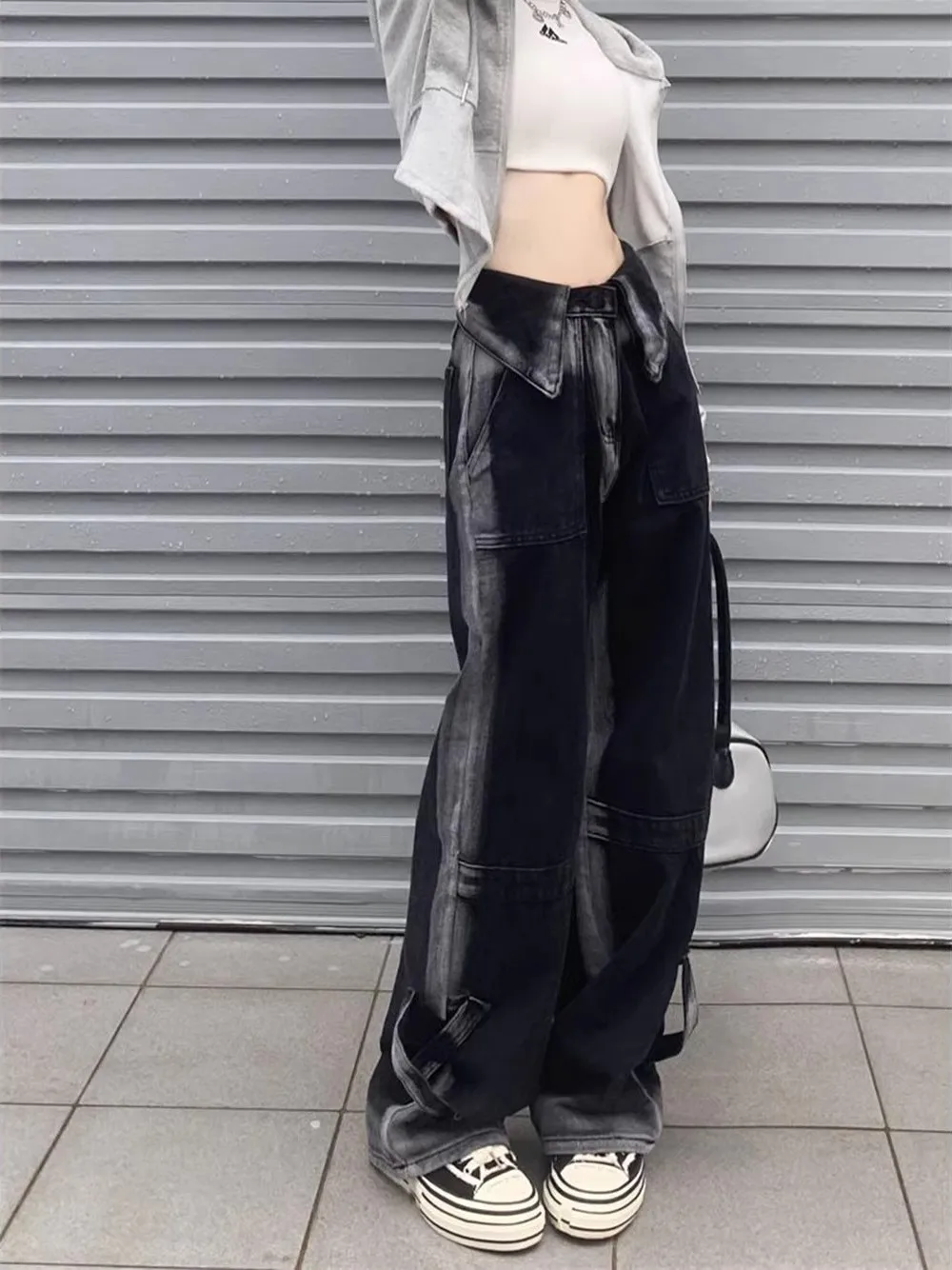 Slimming High Waist Wide Leg Jeans Women's Black Grey Frayed Hem Denim Pants Loose Fit Floor Length Spring Autumn Trousers