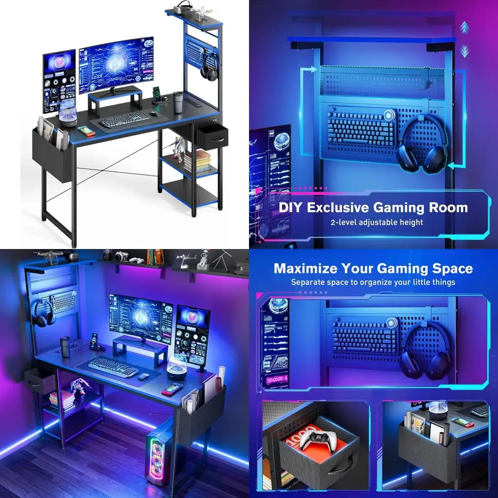 مكتب ألعاب مقاس 47 بوصة مع رف تخزين بإضاءة LED قابل للتعديل، ولوحة بيجبورد صغيرة يمكنك صنعها بنفسك، ودرج لألعاب الكمبيوتر وتنظيمها