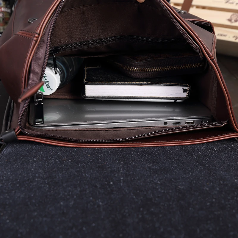 Men\'s Business Office Backpack School Bookbag Large Vintage Backbag Male Belt Solid Computer Laptop Bag Pack PU Leather Brown