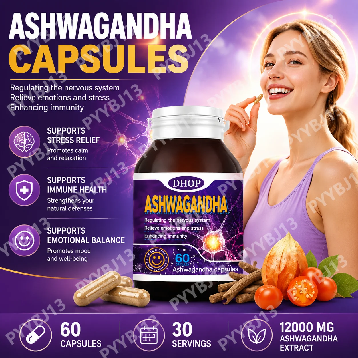 DHOP Organic Ashwagandha Capsules 60ct, 1200mg Per Serving, Stress Relief & Calm Support, Adaptogen for Wellness, Non-GMO
