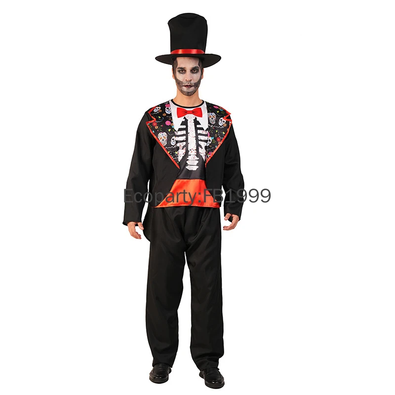 Day Of The Dead Ghosts Cosplay-Kostüm für Herren, schwarzes Totenkopf-bedrucktes Oberteil, Hose, Hut-Set, Halloween, Karneval, Party, Bühnenshow-Outfits