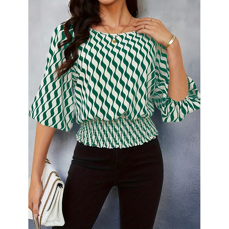Camisa de gasa de manga de siete puntos para mujer, top con estampado de cuello redondo, vestido de viaje noble informal transpirable, dulce y fresco