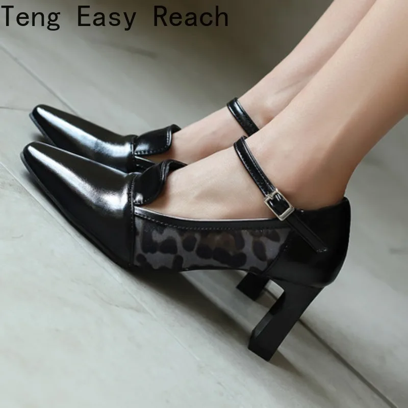 

Модные женские туфли-лодочки с леопардовым принтом, туфли на высоком каблуке с ремешком на щиколотке, сетчатые лоскутные туфли, черные, большие размеры 35-45