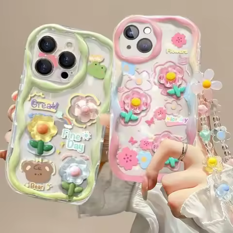 3D Pink Flower Phone Chain Clear Case for Samsung Galaxy S22 S23 S24 S25 Ultra Plus S23FE S24FE A55 A35 A54 A53 A15 5G A05 A05S