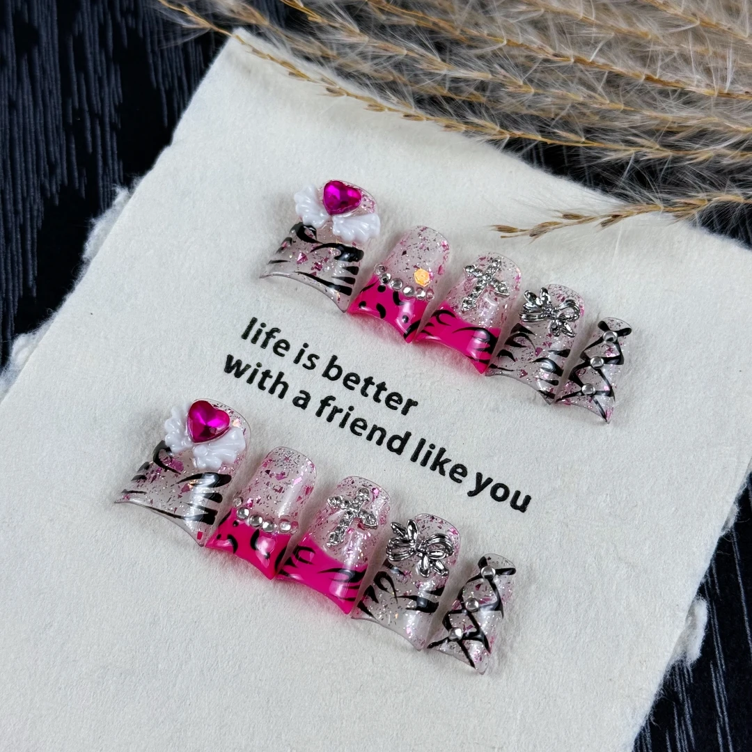 10 Stück hochwertige, süße und coole Mädchen-Style-Nägel, handbemaltes Zebramuster, lebendiges Graffiti, glänzende, glitzernde Diamanten, handgefertigte künstliche Nägel – Detail 6