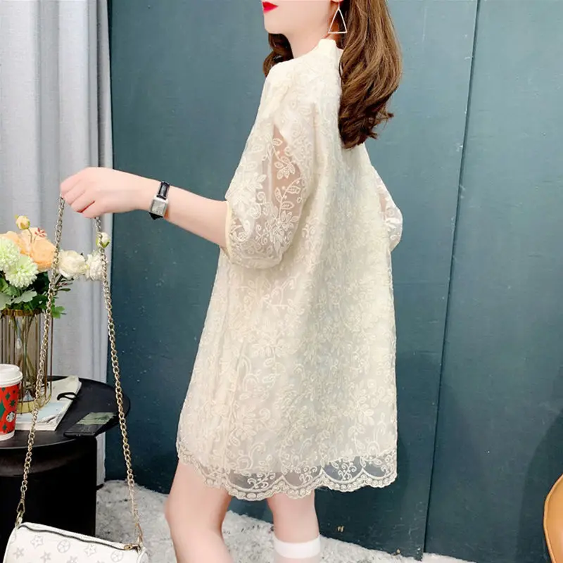 Streetwear Fashion Little Girl Printed Loose Shirt Summer Elegant Lace Hollow Out Women\'s Clothing Spliced O-Neck Midi Blouse