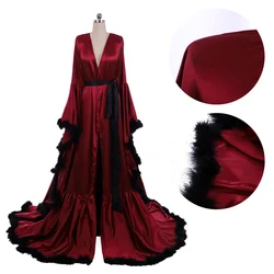 Bridal Boudoir Red Retro Atmosphere Pajamas Women's Pajamas Luxurious Feather Edge Evening Dress Pajamas