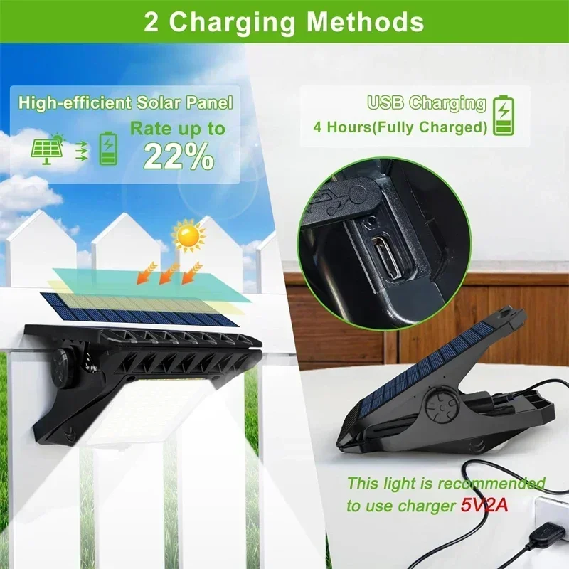 NEW 2/1Pcs Clip On Solar Lights Outdoor Waterproof 58 LED Motion Sensing USB Charging Fence Lamp for Garden Yard Patio