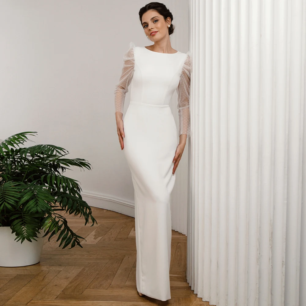 

Fashion Polka Dot Tulle Long Sleeves Jersey Mermaid Wedding Dress with Back Slit Customized Backless Scoop Collar Bridal Gowns