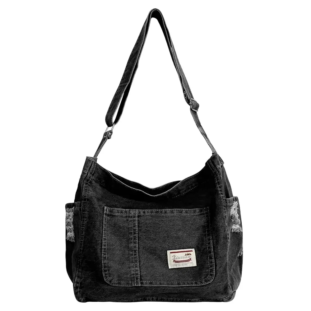 Denim Messenger Bag Large Crossbody Tote Bag Lightweight Jean Purse Women Hobo Shoulder Bag for School,Travel