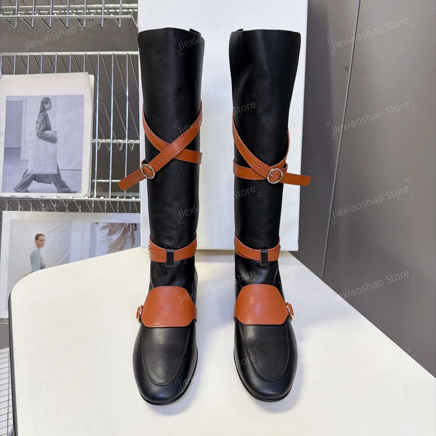 Desinger Genuine Leather Round-Toe Flat Heel Knee High Boots Woman Belt-Buckle Decora Knight Boots Chelsea Boot Sapato Feminino