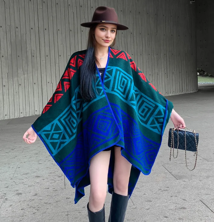 Geometric Diamond Shaped Poncho Imitation Cashmere Cloak Ethnic Style Slit Travel Cape for Autumn Winter P1