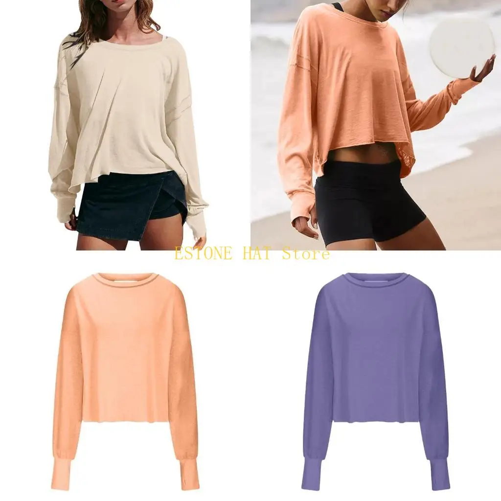 

49MF женская повседневная однотонная футболка большого размера с открытой спиной и длинным рукавом, свободный крой для пуловер,