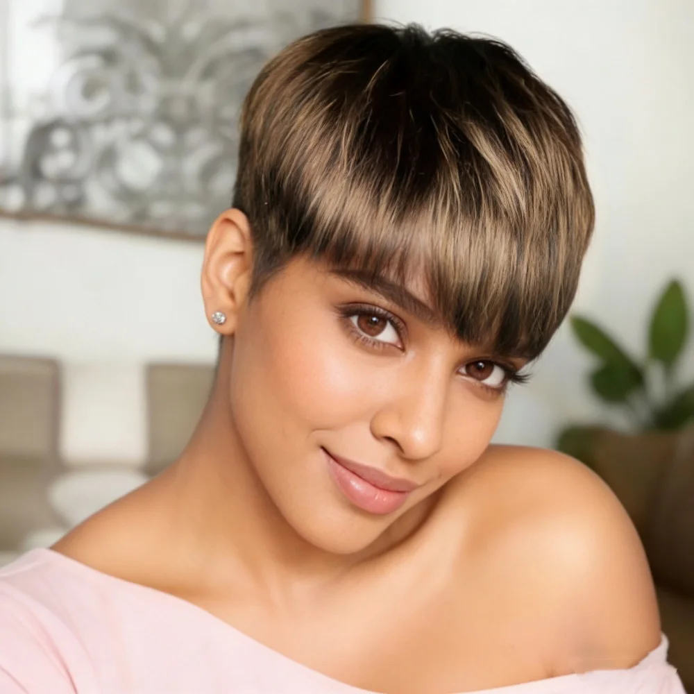 

Парик в стиле пикси для темнокожих женщин, прямые человеческие волосы, машинная работа, с челкой