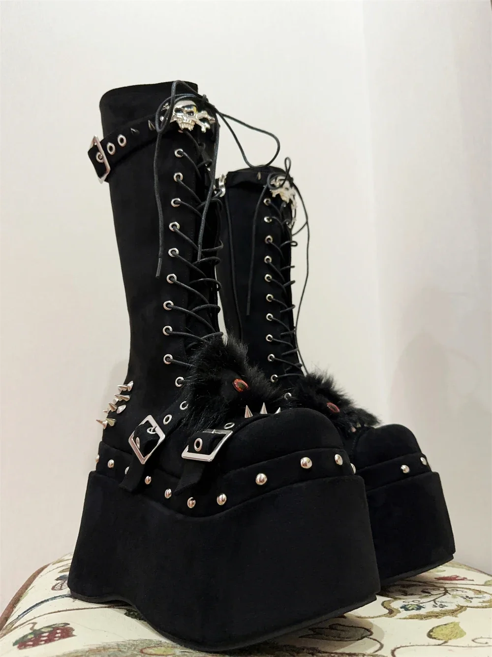 Womens Eye Skull Fur Knee Thigh High Boots Platform Rivets Dark Lace Up Chunky Heel Punk Shoes Japanese Harajuku