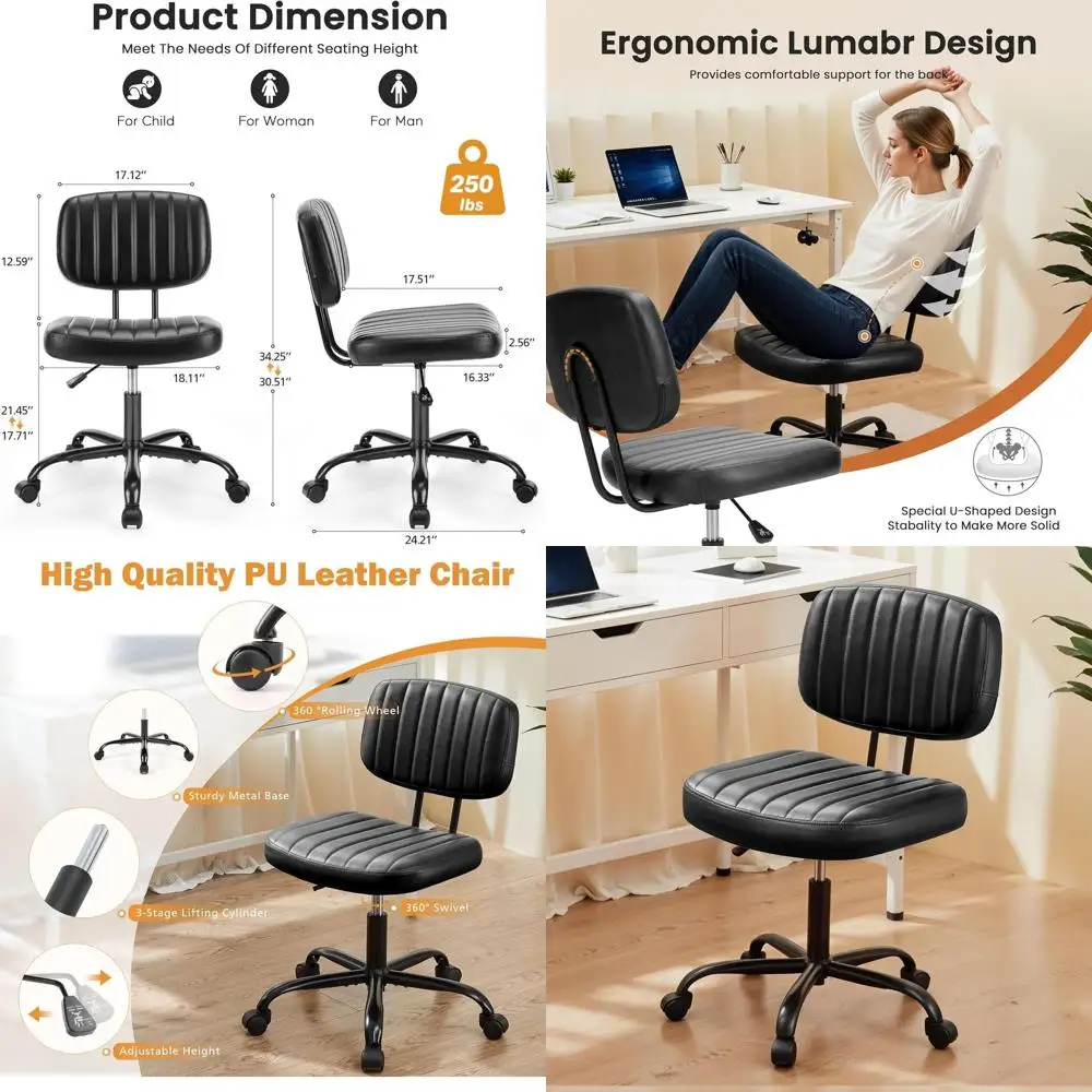 

Эргономичное кресло с низкой спинкой, регулируемыми подлокотниками и регулируемой высотой, черный кожаный табурет на колесиках