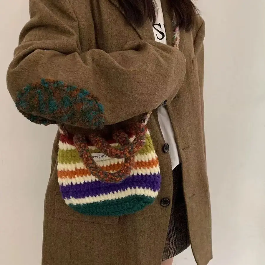 2024 Hand Woven Bag Women's New Rainbow Wool Tote Bag Crossbody Handbag Lovely Japanese Department Shopping Students