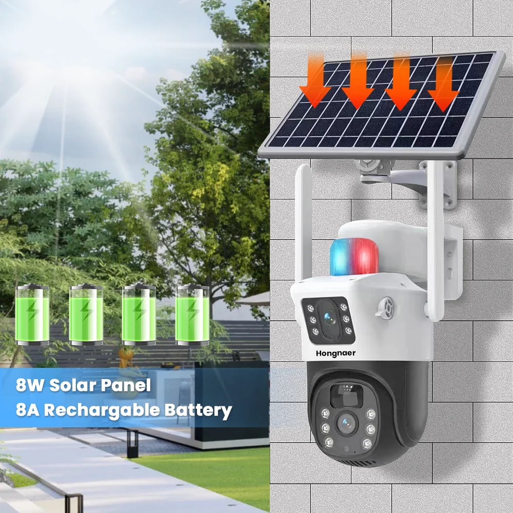 HongGlobal 8MP 4K V380 Pro WiFi Full HD Wireless Dual Lens Solar Powered Panel IP PTZ 4G Sim Card Outdoor Security Solar Camera
