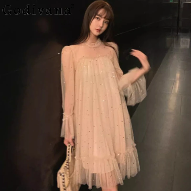 

Female Spring Summer 2025 French Retro Sequin Long-sleeved Temperament Dress Sweet Cute Loose Gauze Sexy Fairy Evening Dresses