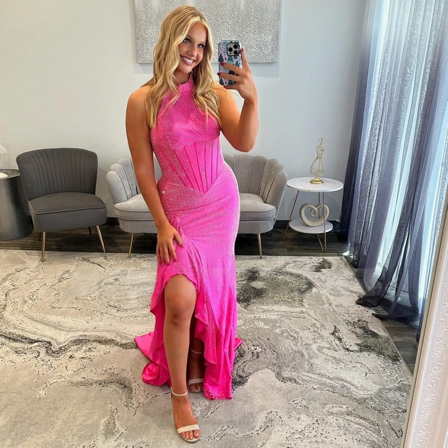 

Stunning Evening Dress Prom Cocktail Party Mermaid Halter Backless Crisscross Back Sleeveless Floor Length With Slit And Ruffles